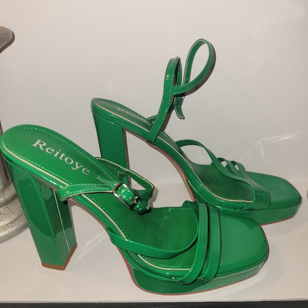 🌟  Green chunky platform heel sandals size 9 - Picture 5 of 8